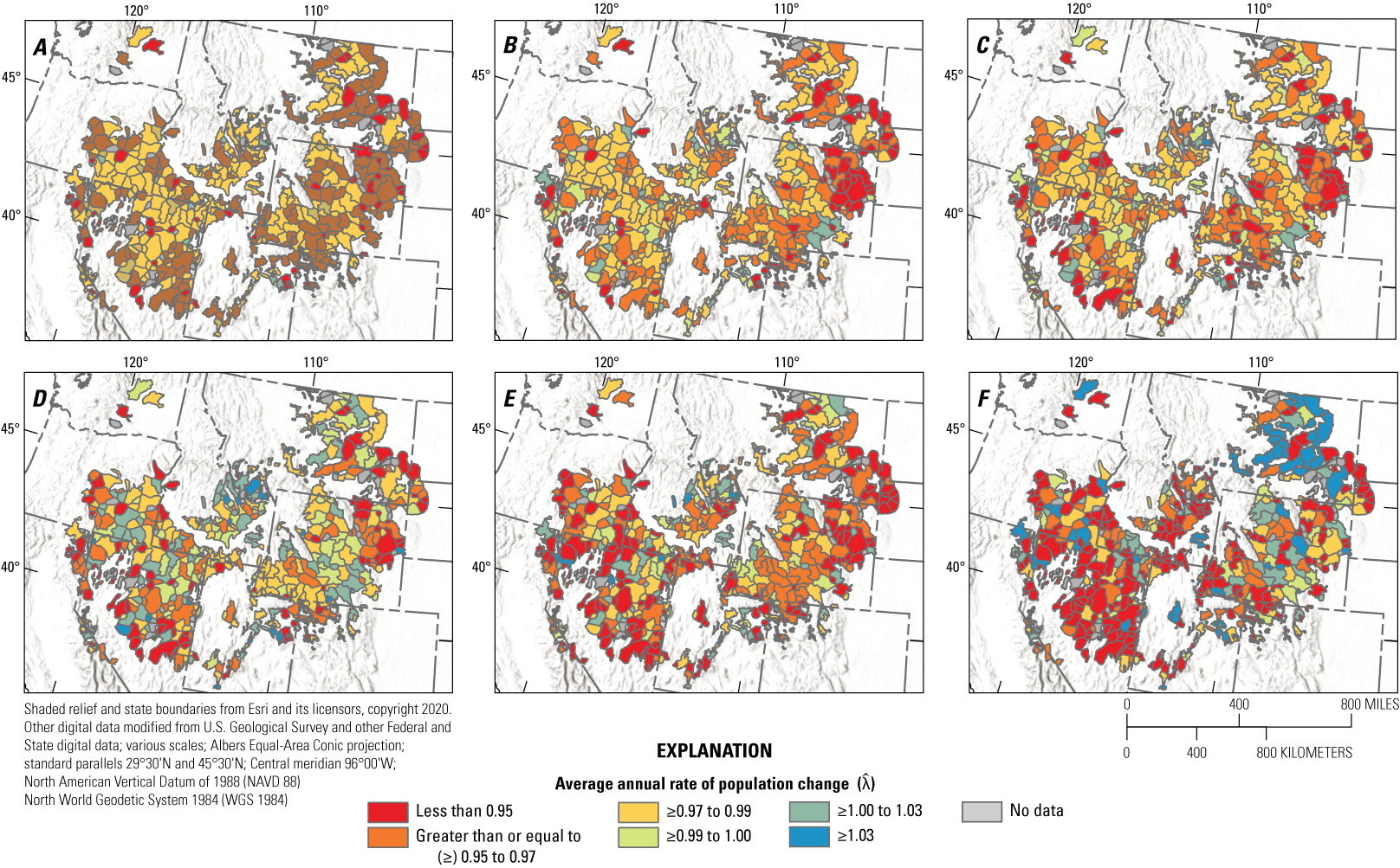 3. Spatial estimates of change in greater sage-grouse abundance across six temporal
                     scales and 474 neighborhood clusters.