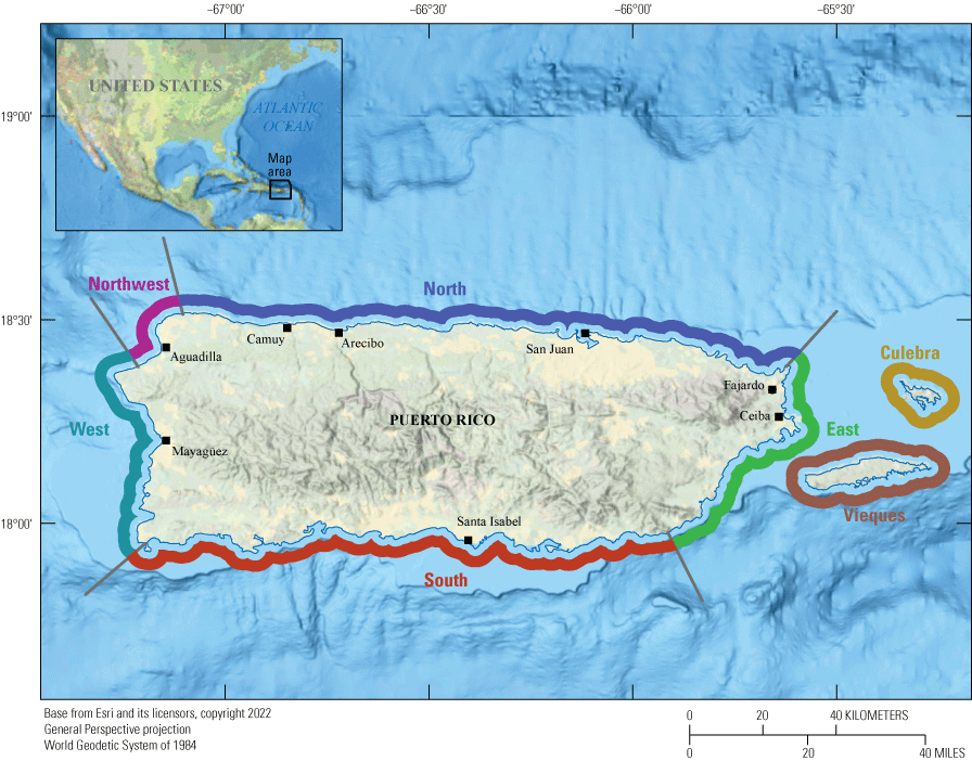 Puerto Rico is divided into five regions for study based on general geographic area
                        and wave regime. The Vieques and Culebra are their own study area.