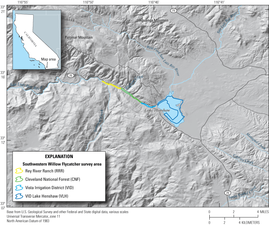 1.	Overview of the study area with colored lines for described features.