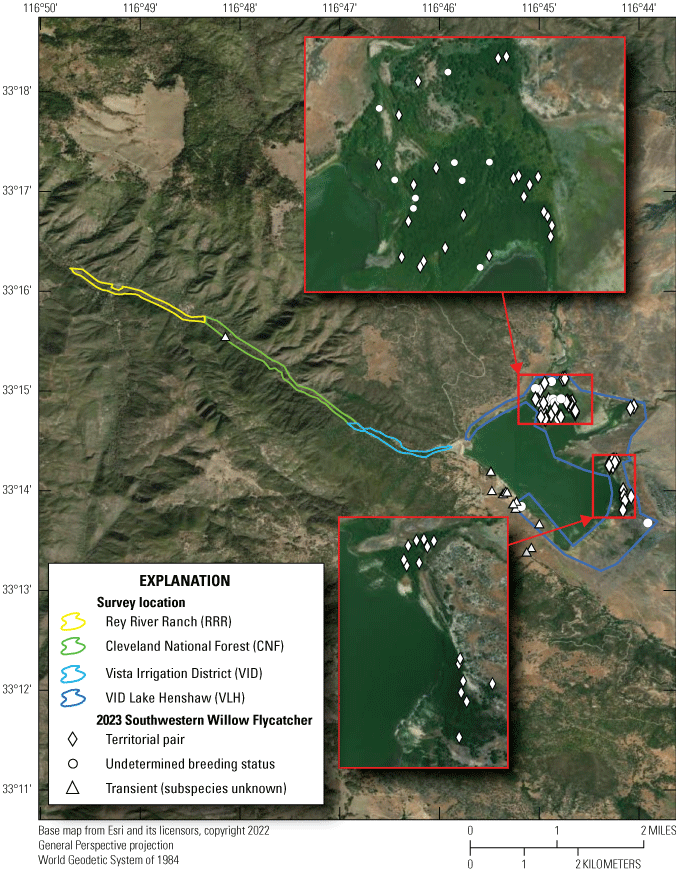 2.	Overview of the study area with colored lines outlining survey areas and symbols
                        showing flycatcher locations. Flycatchers were concentrated at Lake Henshaw; only
                        one flycatcher, a transient, occurred downstream from the lake.