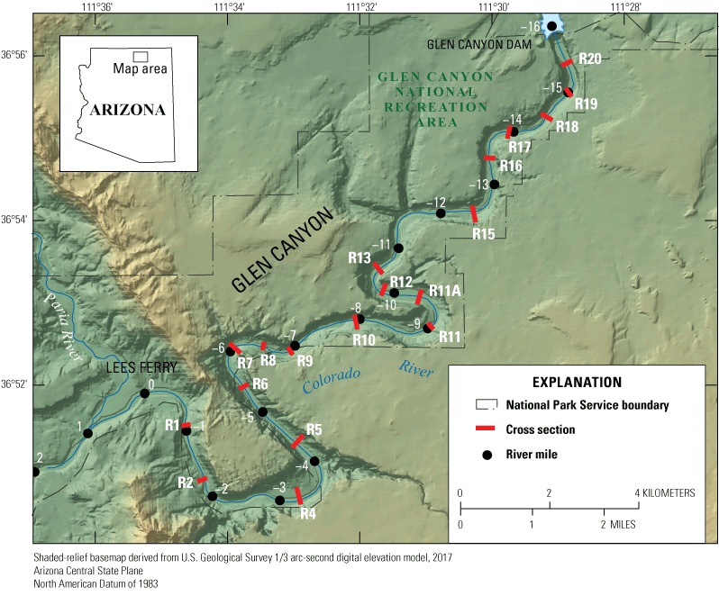 1.	19 cross sections are distributed along the length of the study reach.