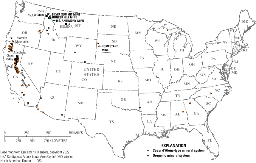 Orogenic mineral systems are primarily in California and Coeur d’Alene-type mineral
systems are primarily in Idaho.