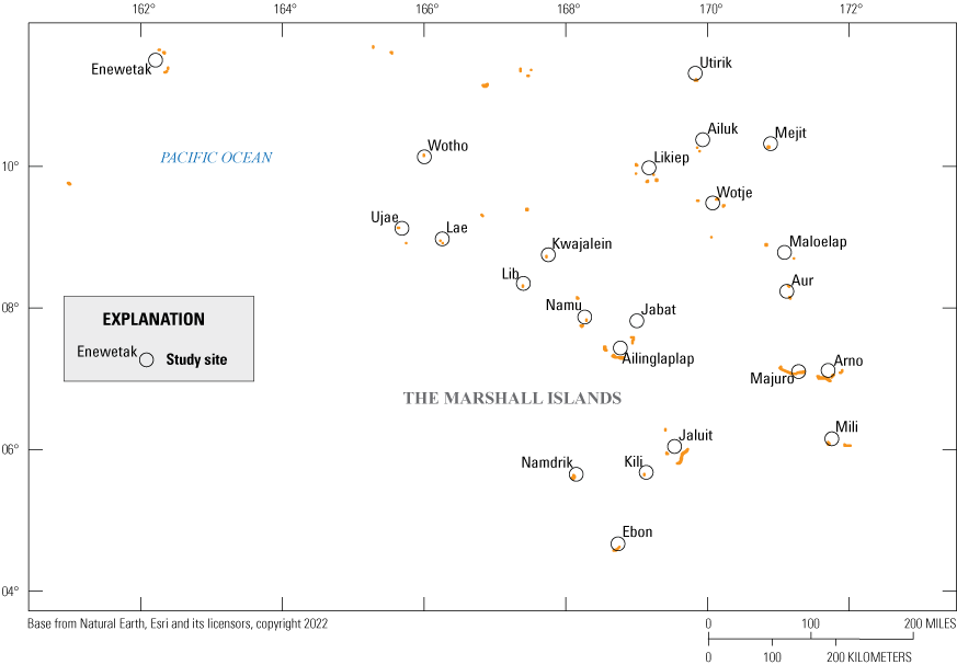 Map of the Marshall Islands study sites in the north Pacific Ocean displaying the
                     dispersed nature of the nation’s atolls and islands.