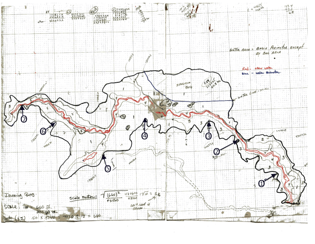 Figure is scan of a hand-drawn map that indicates open water flowed through the center
                        of the bog. The observation towers are evenly distributed along the southern edge
                        of the bog.