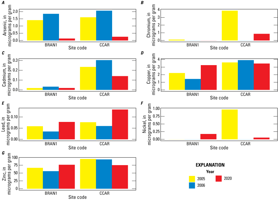 6.	Average lead concentrations in fish tissue were higher at BRAN1 and CCAR in 2020
                        than in 2004–05. Arsenic, cadmium, and chromium concentrations in fish tissue were
                        lowest in 2020.