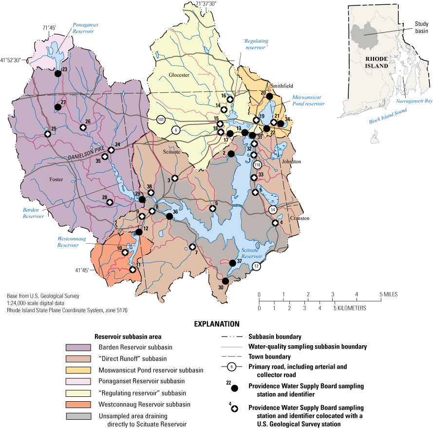 6 reservoir subbasins and an unsampled area draining directly to Scituate Reservoir;
northwestern Rhode Island