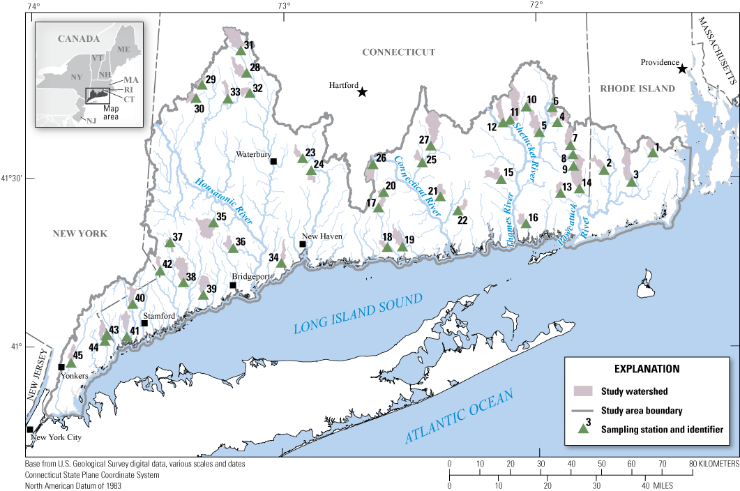 Most sampling locations and targeted watersheds are in southern Connecticut on rivers
flowing into the Long Island Sound.