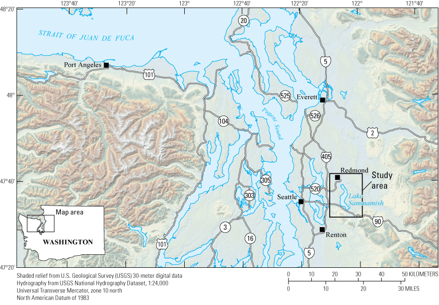 Lake Sammamish is a long, sinuous lake, oriented north-south, and is located south
of Redmond, Wash. and north of Interstate 90.