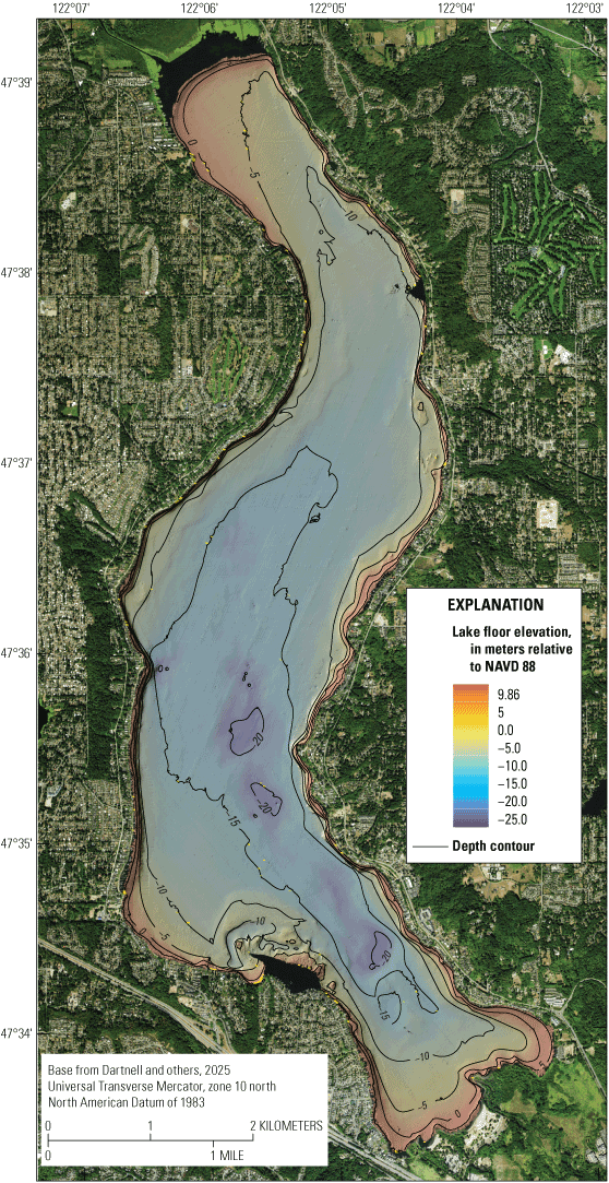 Land surrounding Lake Sammamish consists of neighborhoods and large areas of tree
cover. The lake floor elevation changes gradually in the northern and southern ends
of the lake, but the middle sections have steep drop-offs near the shoreline.