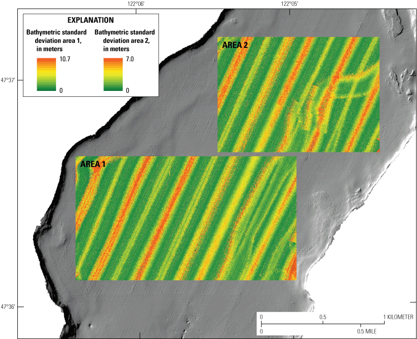 Both areas within Lake Sammamish consist of alternating parallel areas from low to
high deviations, with high standard deviation (up to 10.7 meters in area 1 and 7.0
meters in area 2) occurring in mostly a northeast-southwest orientation, with more
deviations in area 2.
