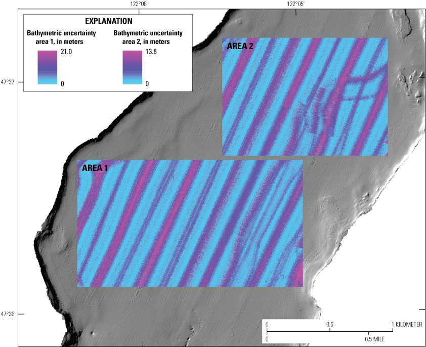 Both areas within Lake Sammamish consist of alternating parallel areas from low to
high uncertainty, with high uncertainty (up to 21.0 meters in area 1, and 13.8 meters
in area 2) occurring in a mostly northeast-southwest orientation, with more deviations
in area 2.