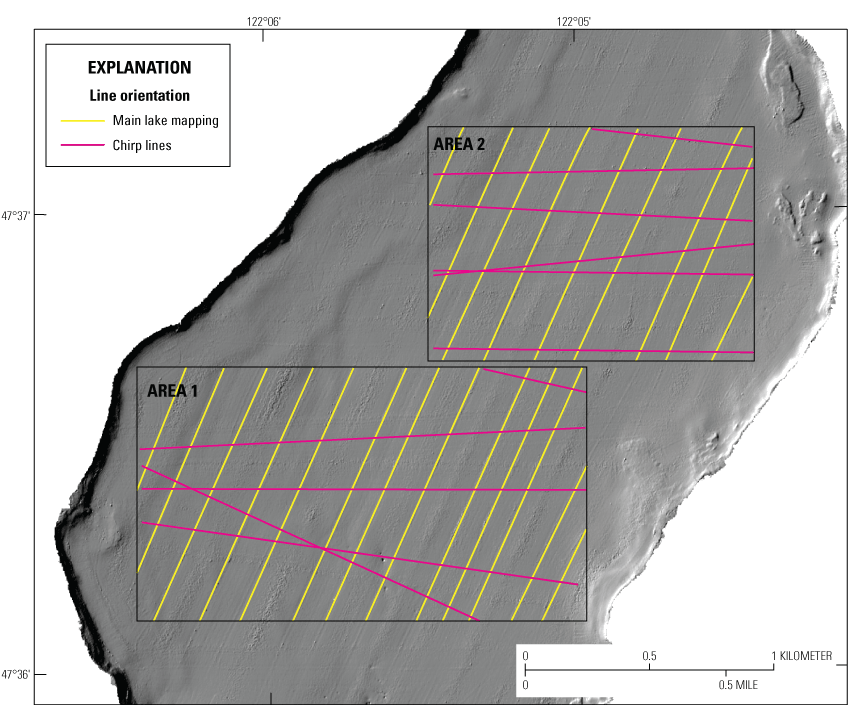Main lake mapping lines trend roughly northeast-southwest and are very parallel to
one another. The chirp lines are oriented more east-west and are more varied in placement
and angle, with some overlap occurring.