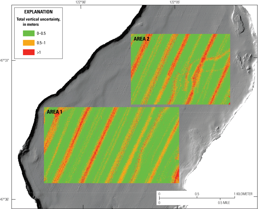 Both areas are mostly 0–0.5 meters TVU with northeast-southwest oriented splotchy
stripes of higher uncertainty (0.5–1 and >1 TVU). The higher TVU lines are mostly
parallel, with a few deviations in area 2.
