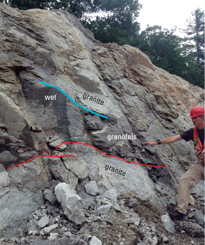Photograph of part of the roadcut at locality 1 showing gray granofels of the Berwick
Formation and white granite of the New Hampshire Plutonic Suite.