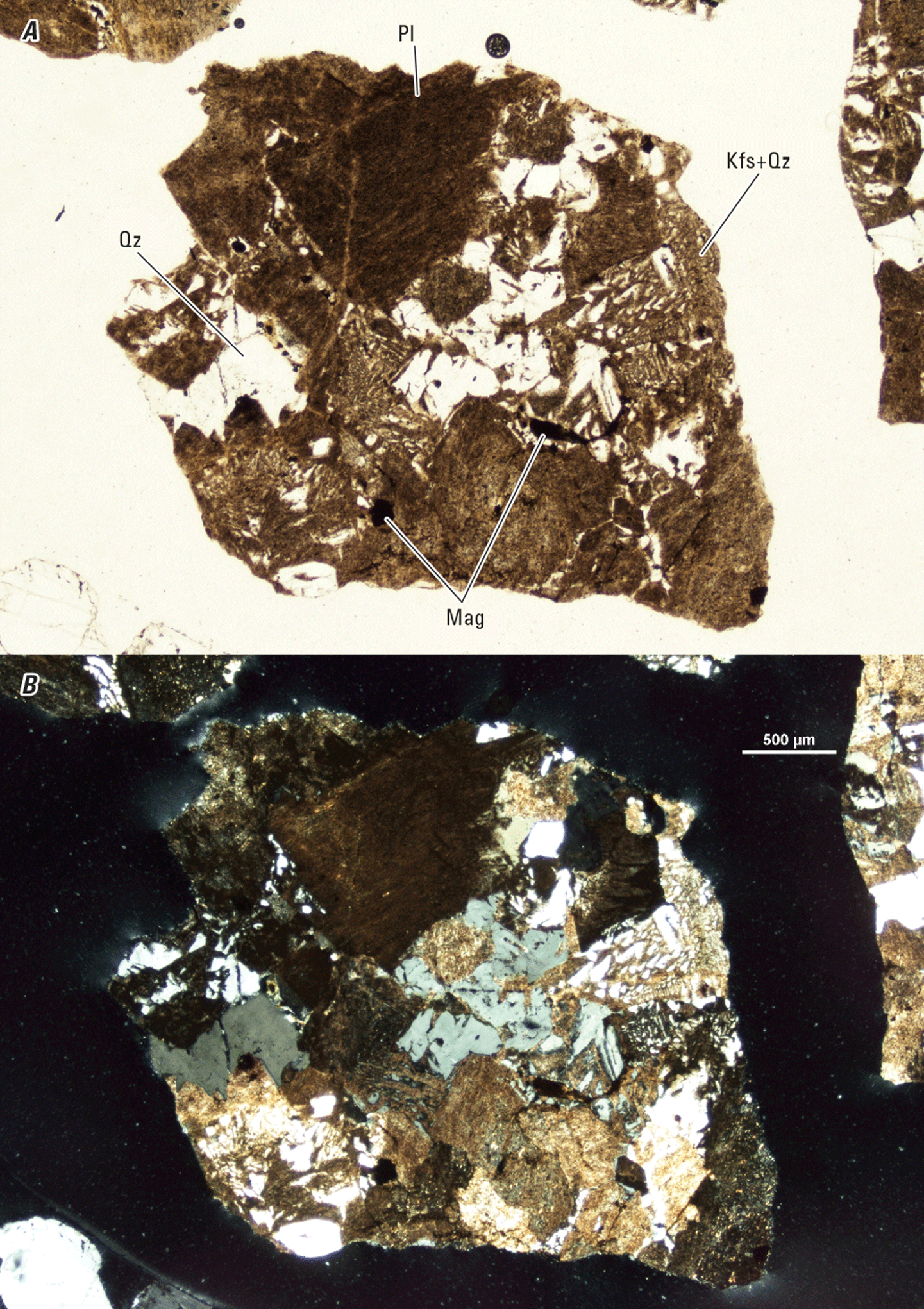 Magnified textures and structures of various minerals are shown in two kinds of light.
Representative minerals are labeled.