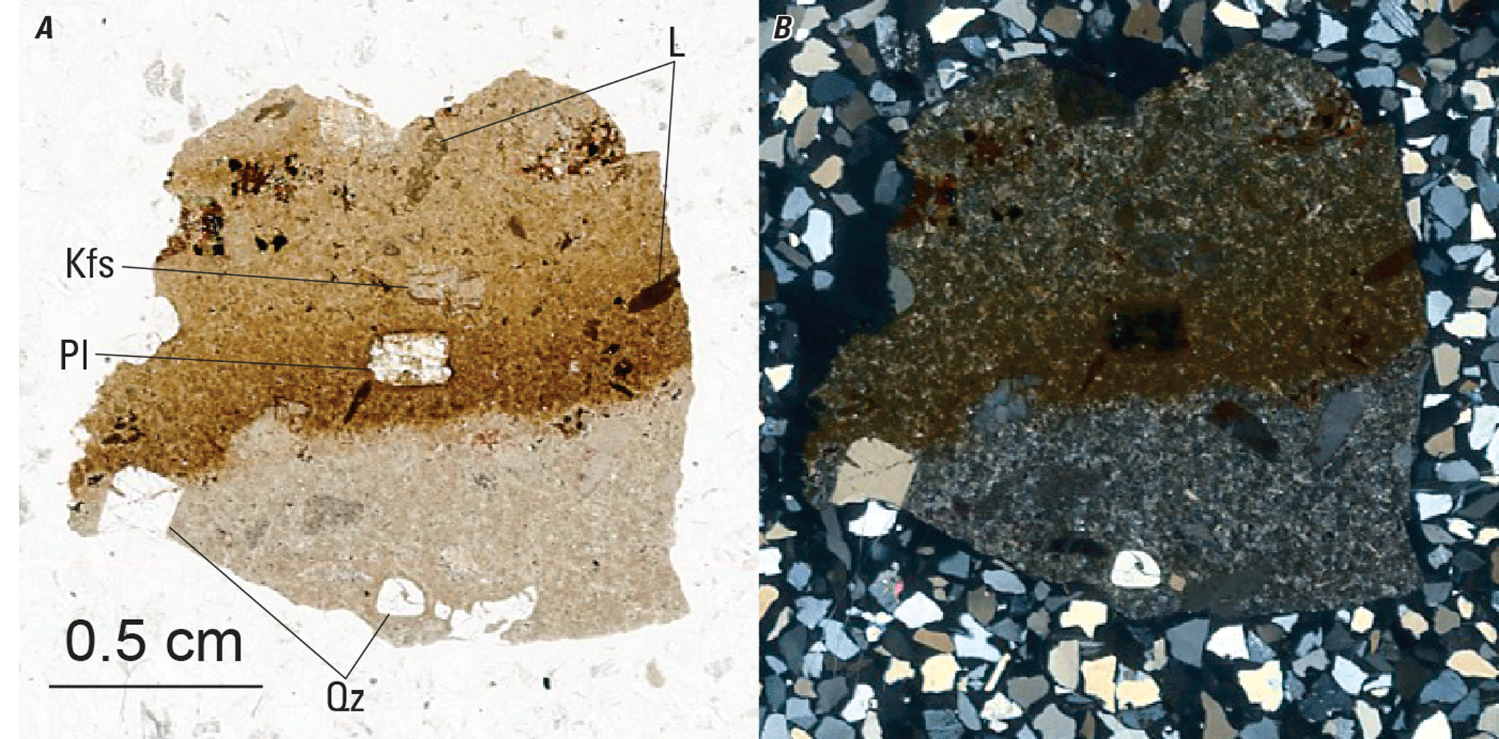 The magnified image of a core chip is shown in two kinds of light. Representative
minerals are labeled.