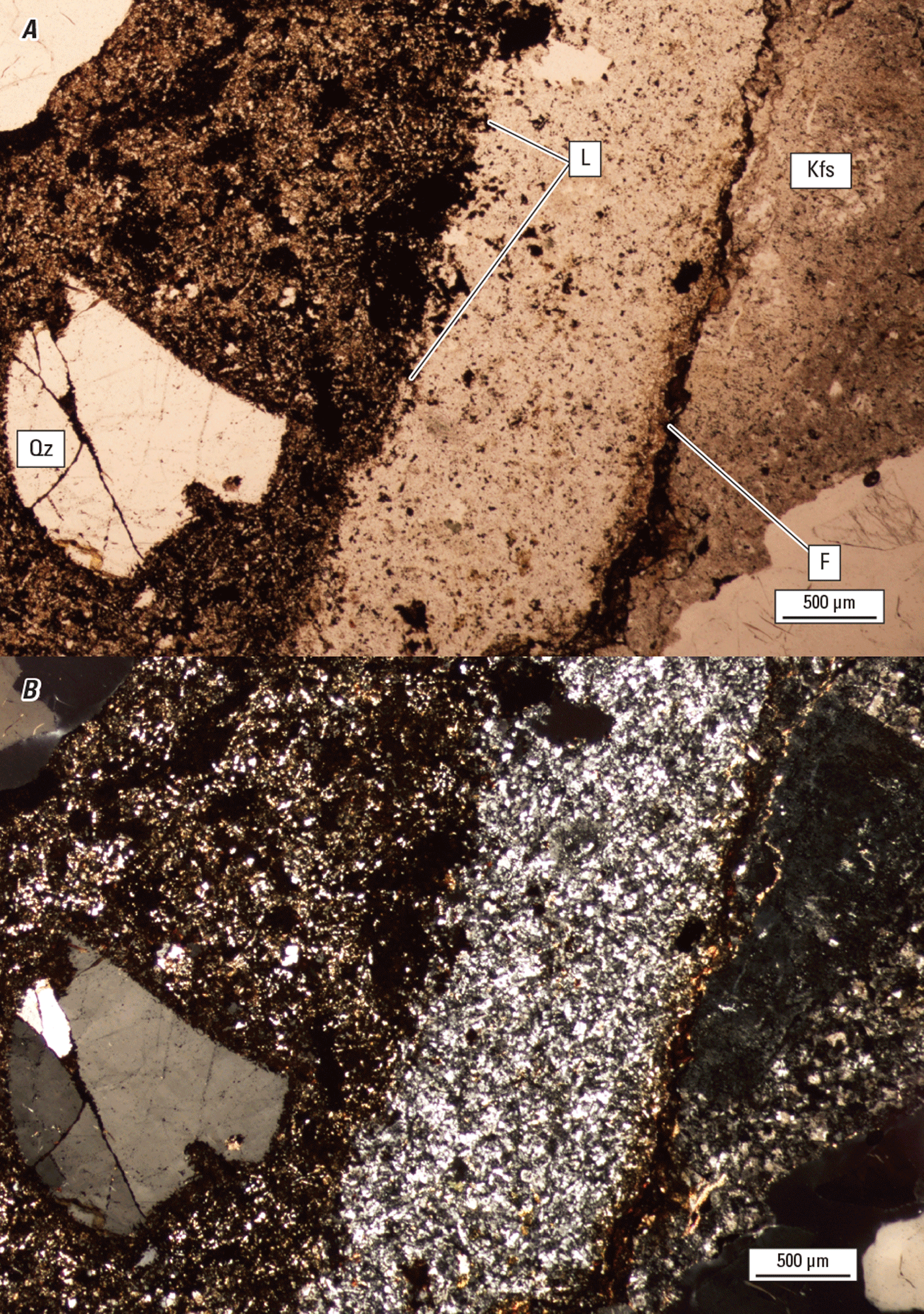 Magnified textures and structures of various minerals are shown in two kinds of light.
Representative minerals are labeled.