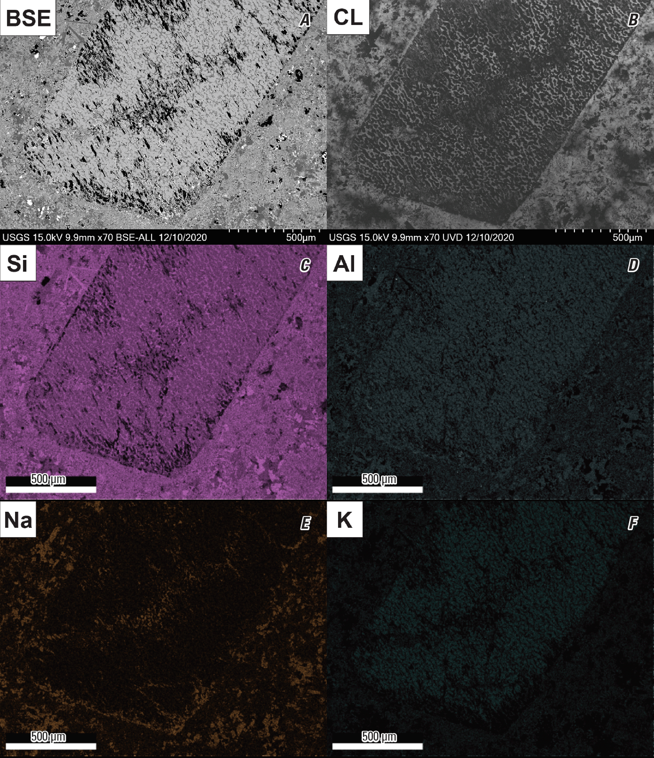 The element maps are of (C) silicon, (D) aluminum, (E) sodium, and (F) potassium.