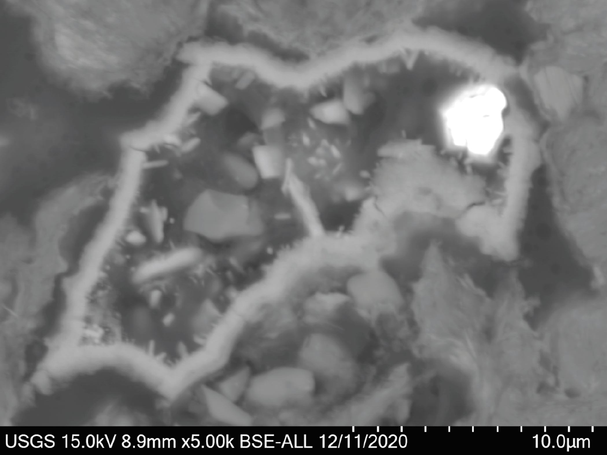 The magnified structure of a vug containing a rare-earth-element carbonate.