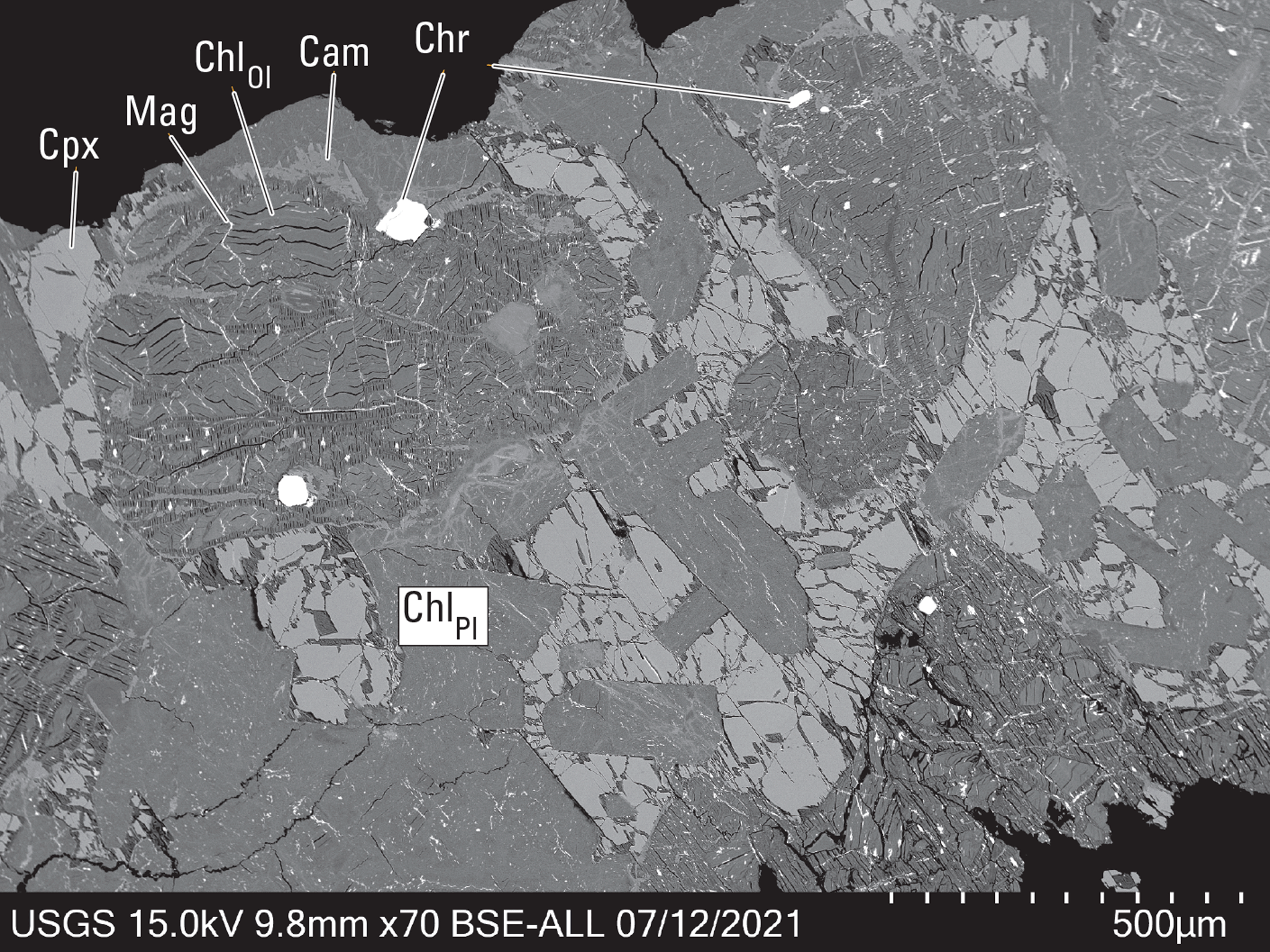 The magnified textures and structures of various minerals are shown. Representative
minerals are labeled.