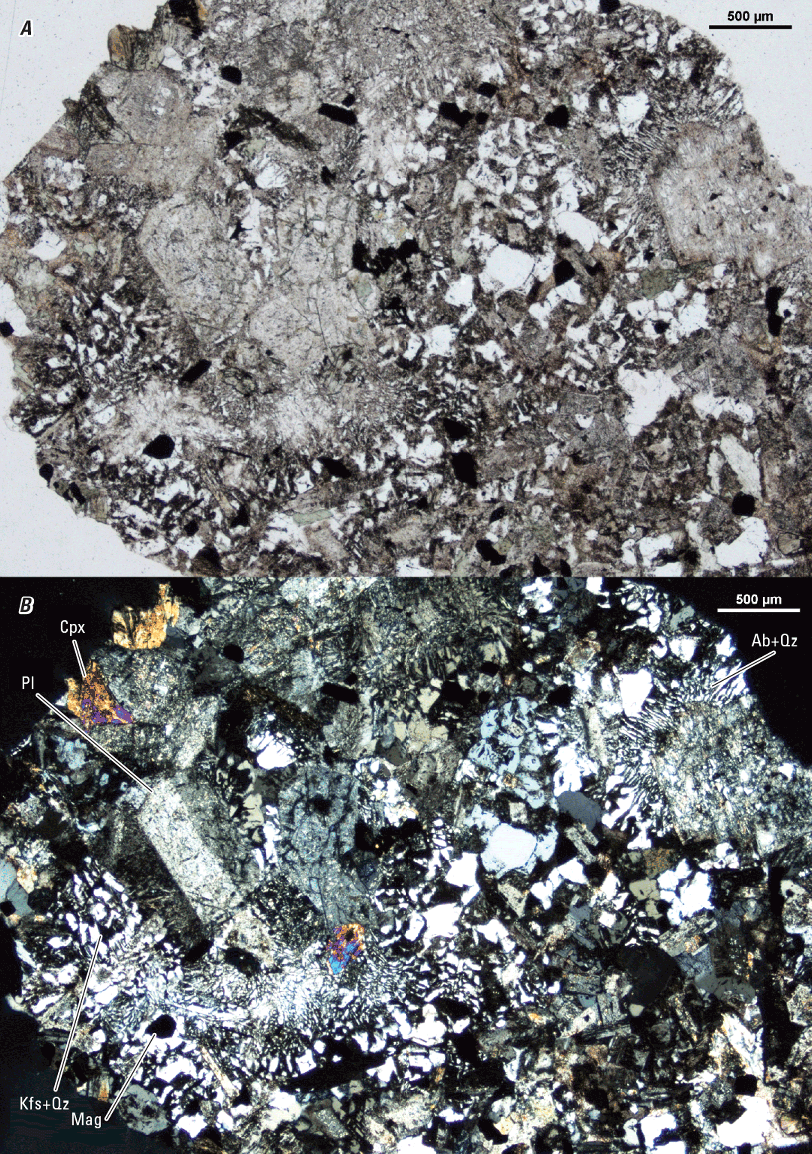 The magnified textures and structures of various minerals are shown. Representative
minerals are labeled.