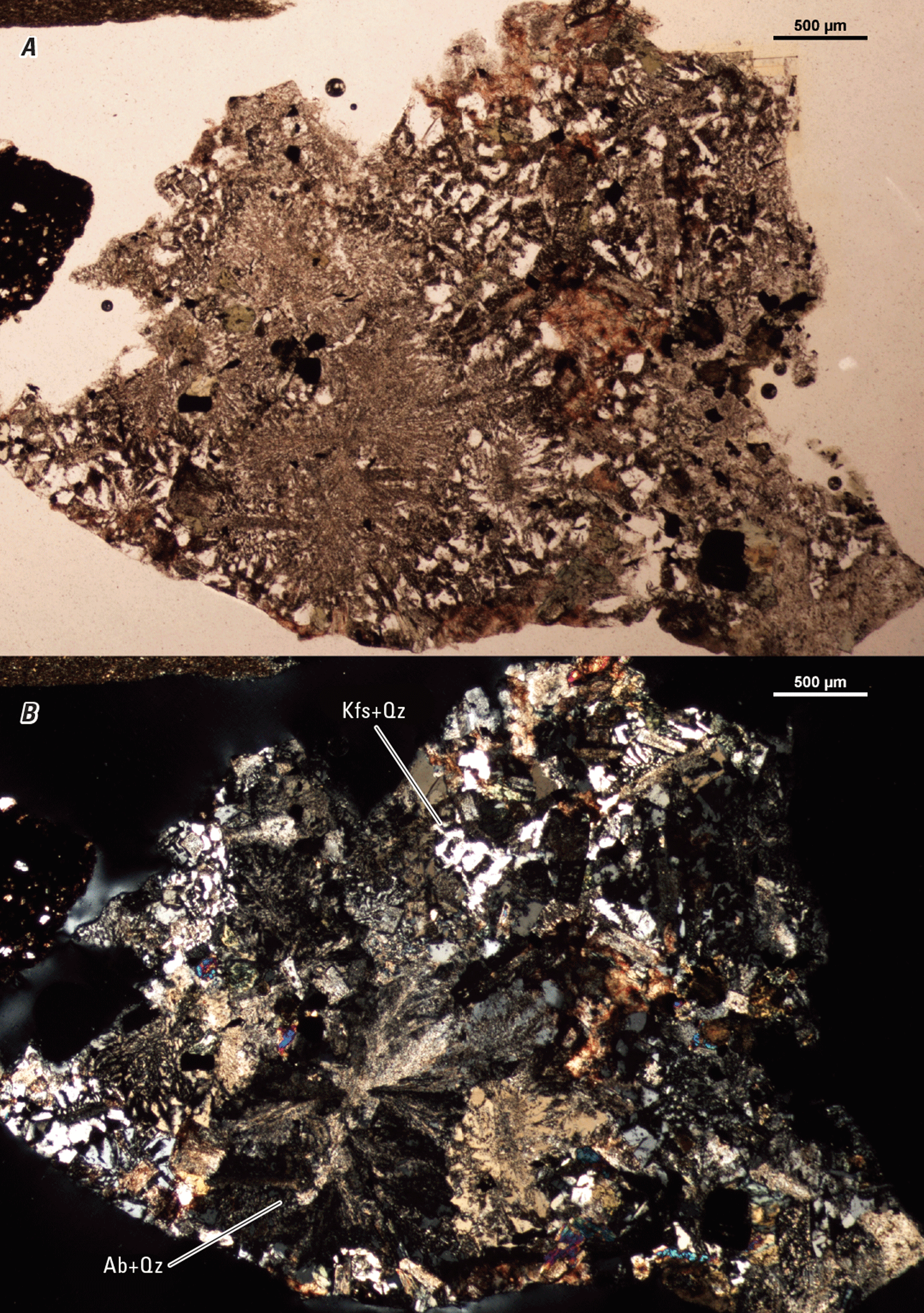 The magnified textures and structures of various minerals are shown. Representative
minerals are labeled.