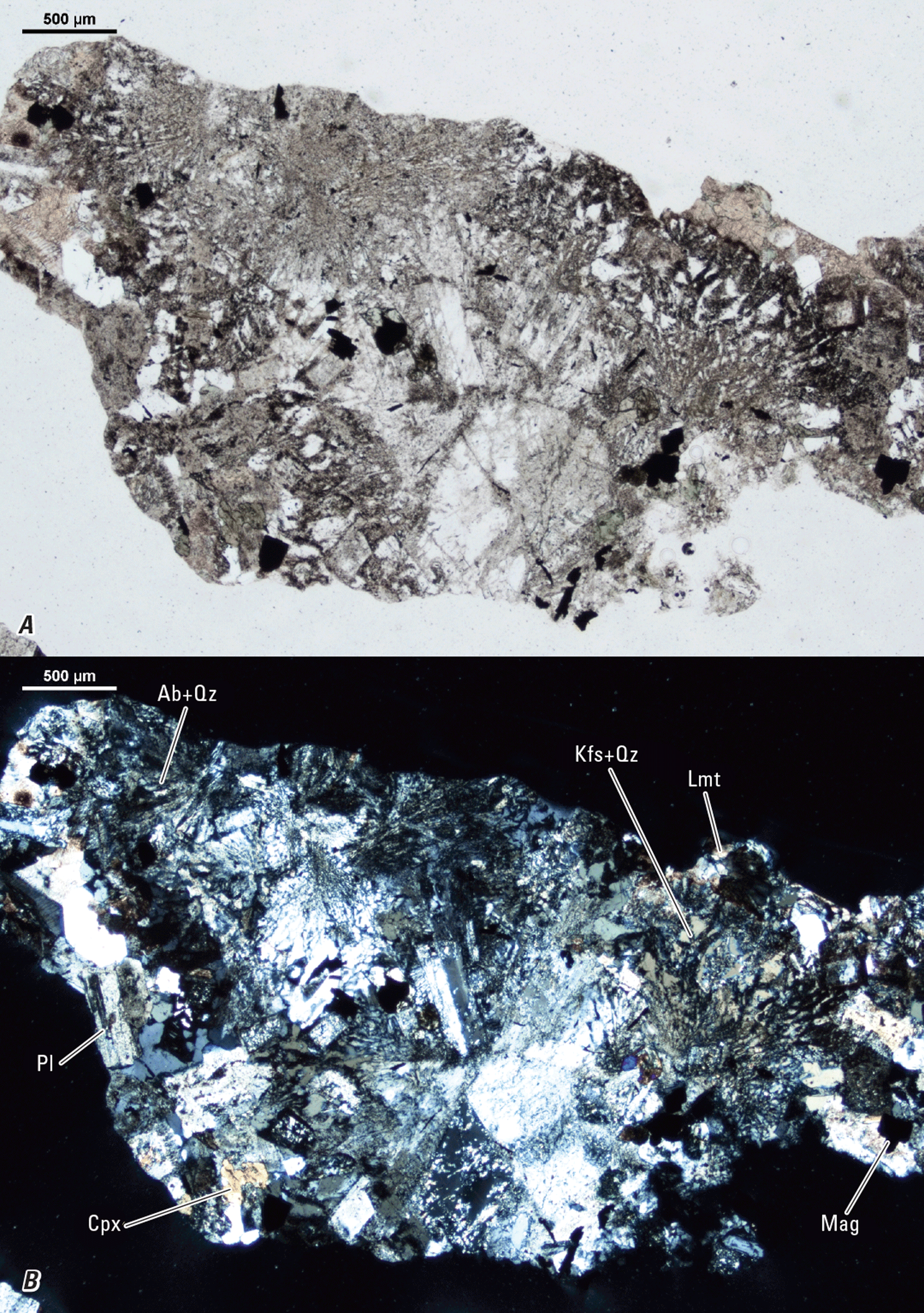 The magnified textures and structures of various minerals are shown. Representative
minerals are labeled.
