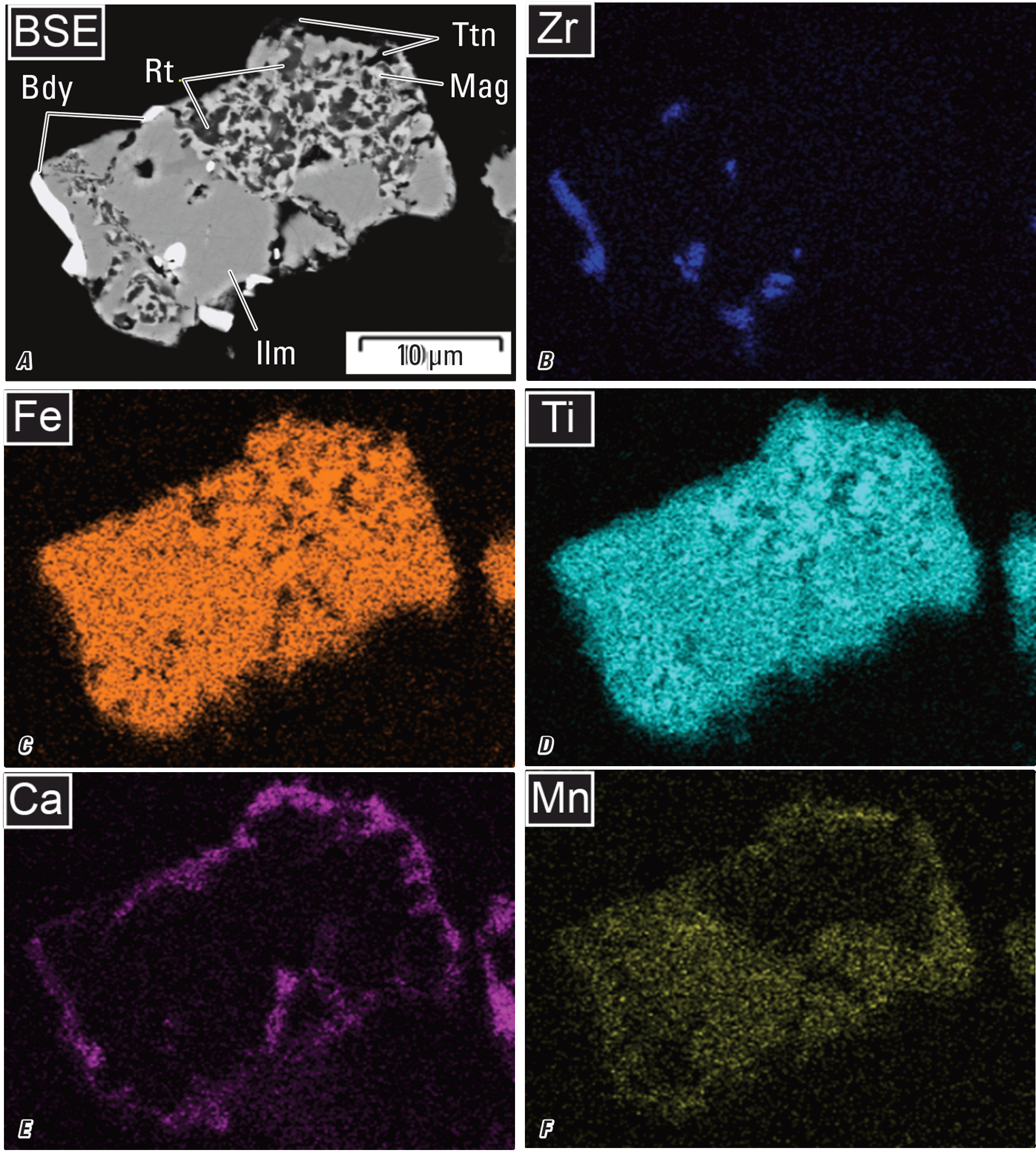 The element maps are of (B) zirconium, (C) iron, (D) titanium, (E) calcium, and (F)
manganese. Some minerals are labeled.