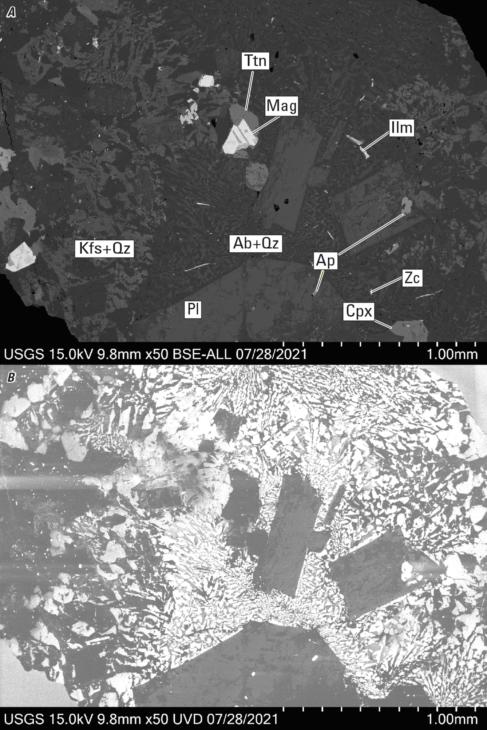Magnified textures and structures of various minerals are shown in two kinds of images.
Representative minerals are labeled.
