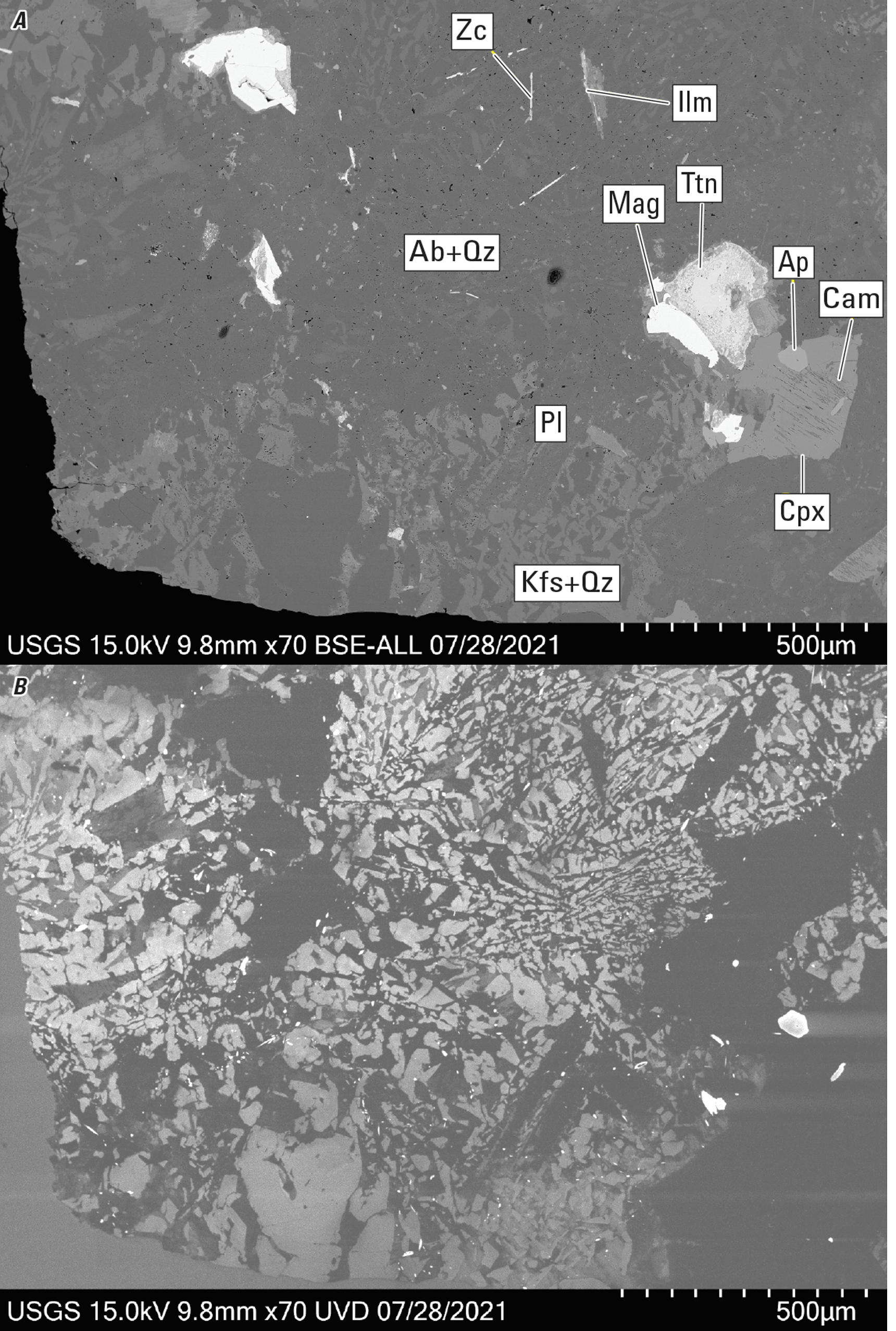 Magnified textures and structures of various minerals are shown in two kinds of images.
Representative minerals are labeled.