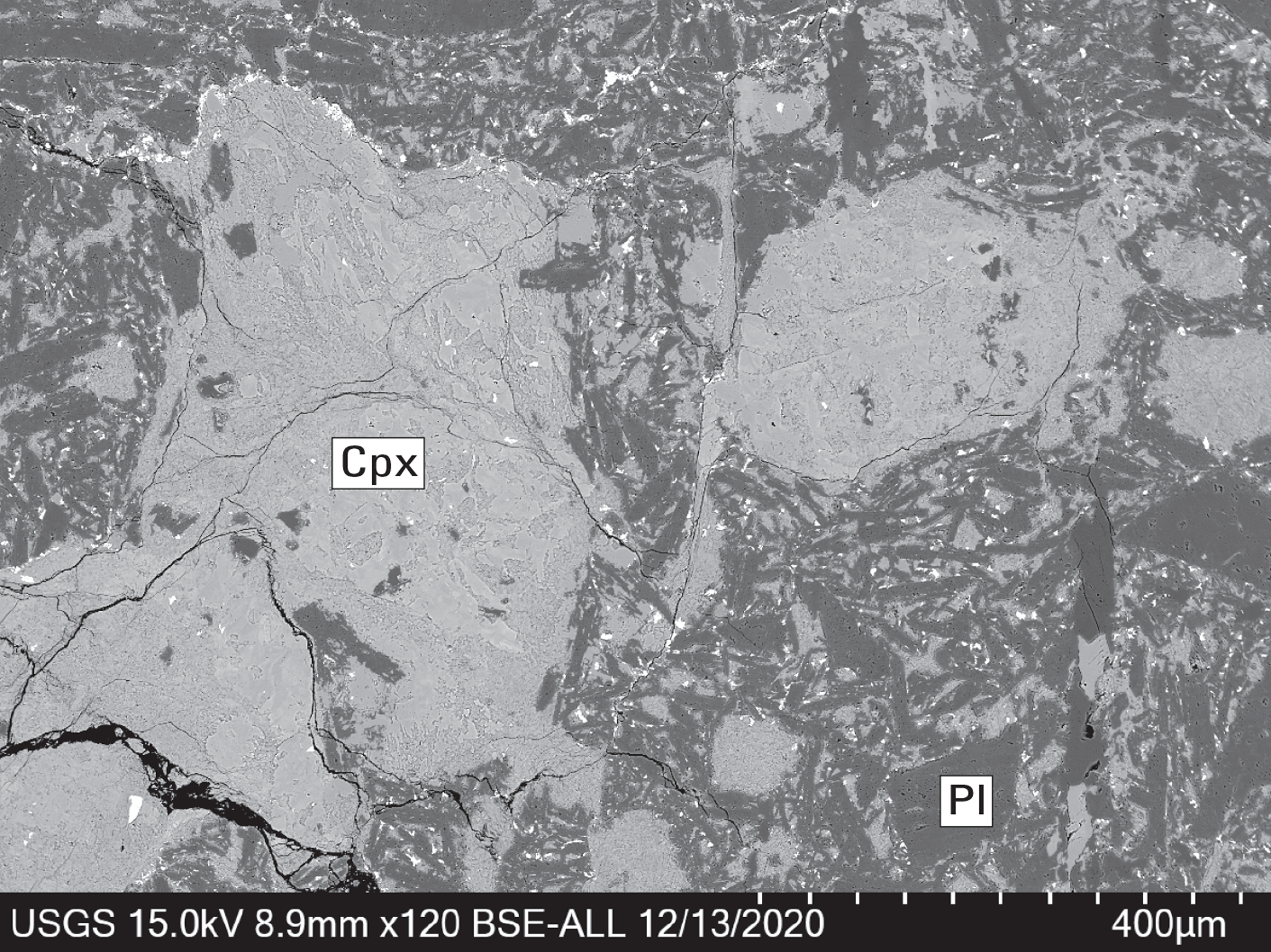 The magnified textures and structures of various minerals are shown. Representative
minerals are labeled.