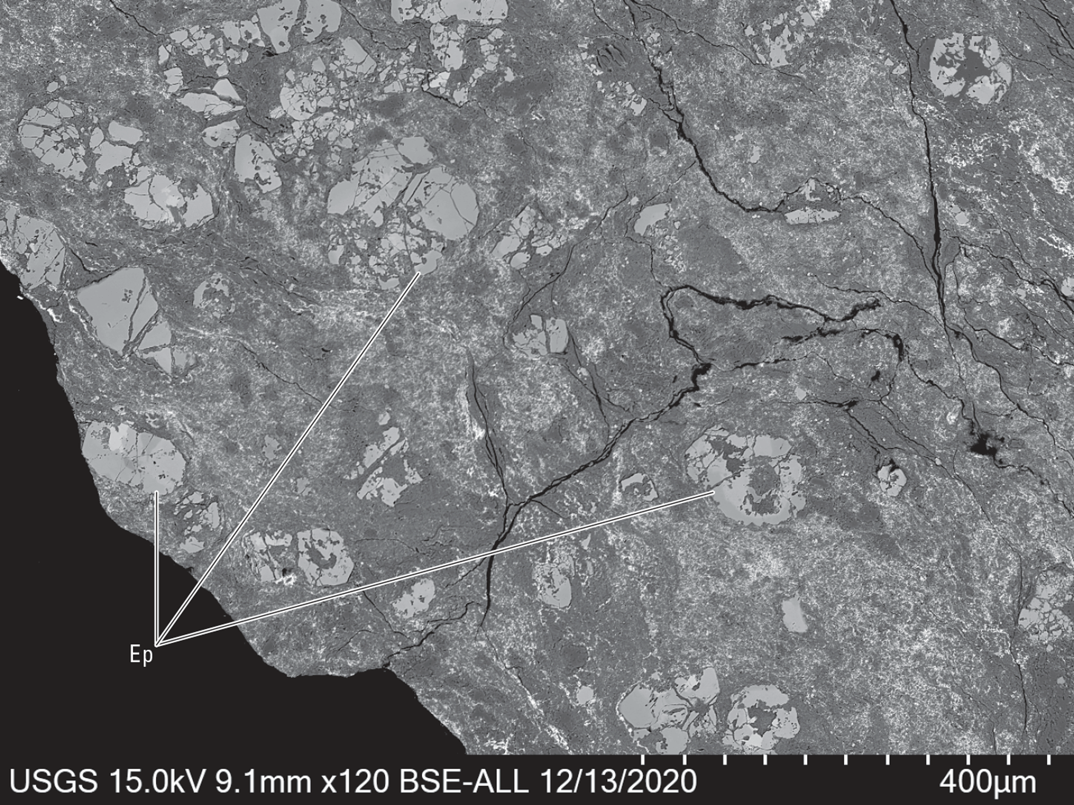 The magnified textures and structures of various minerals are shown. Representative
minerals are labeled.