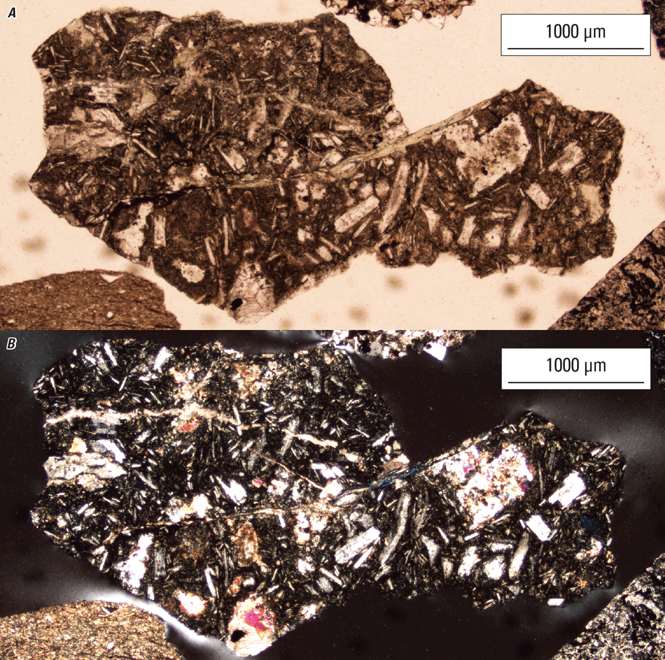 The magnified textures and structures of various minerals are shown in two kinds of
light.