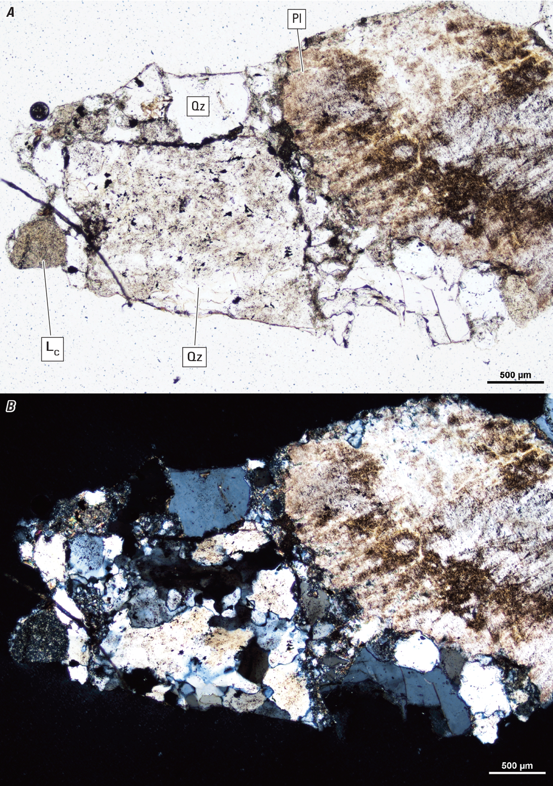 Magnified textures and structures of various clasts are shown in two kinds of light.
Some minerals and clasts are labeled.