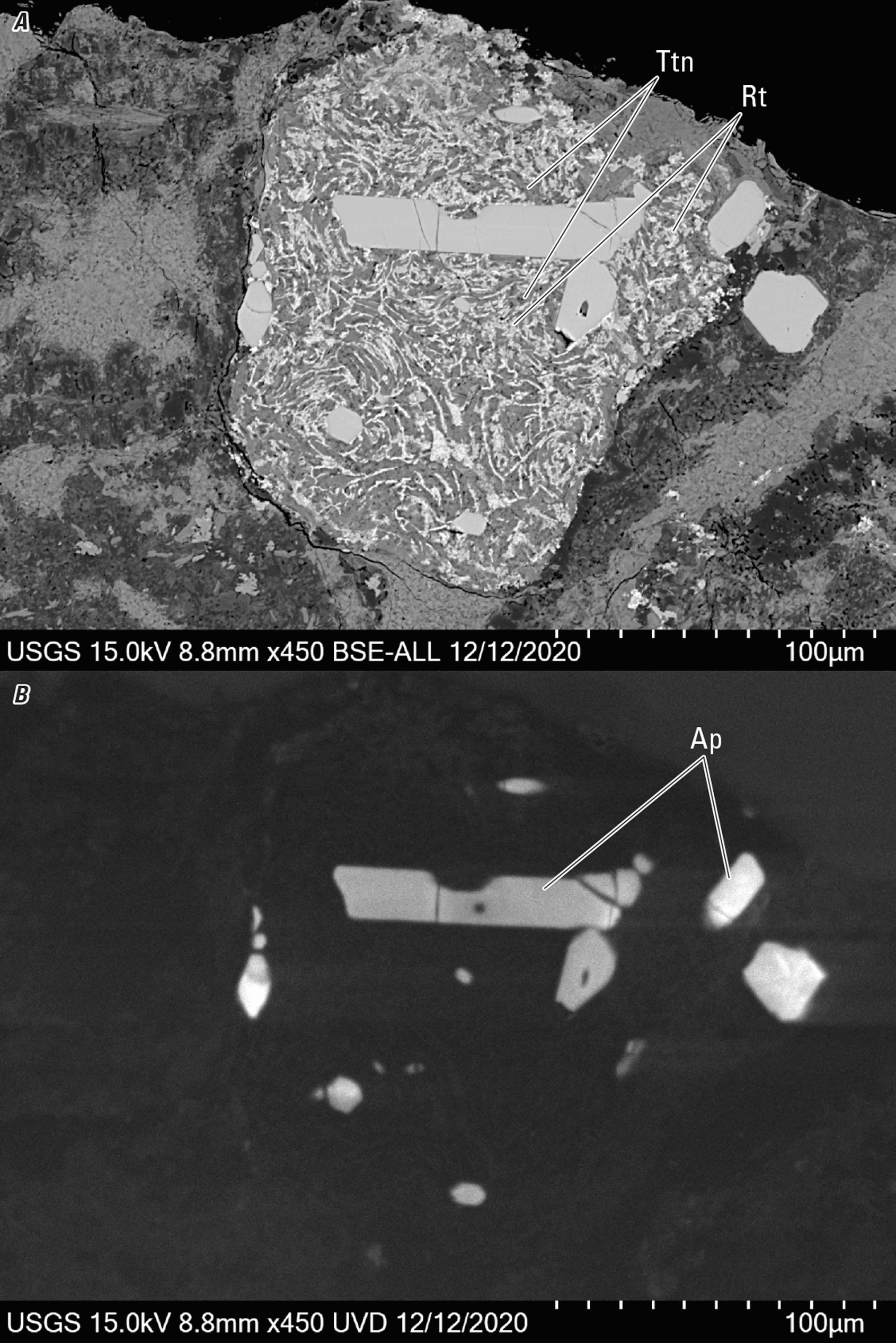 Magnified textures and structures of various minerals are shown in two kinds of images.
Representative minerals are labeled.