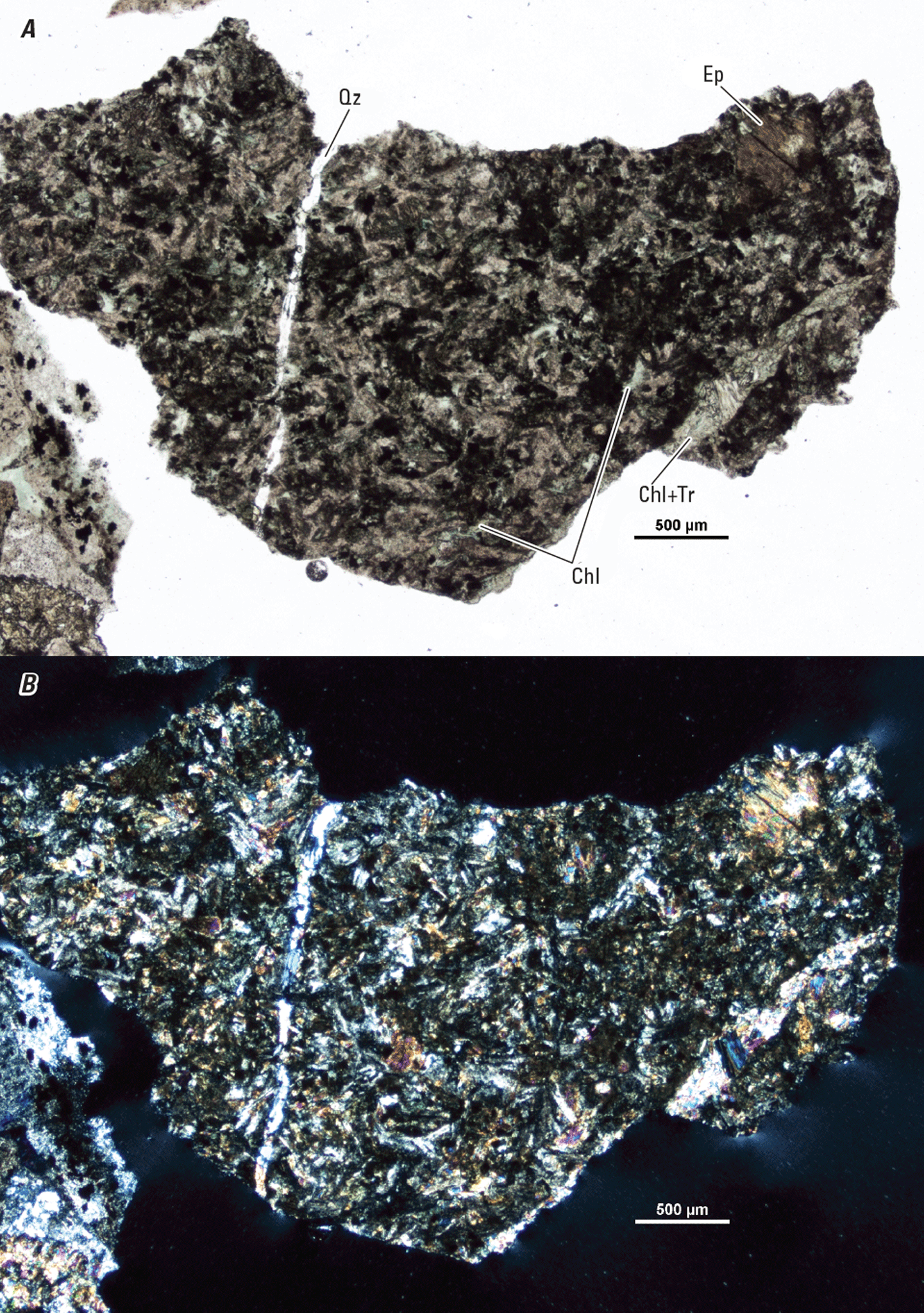 Magnified textures and structures of various minerals are shown in two kinds of light.
Representative minerals are labeled.