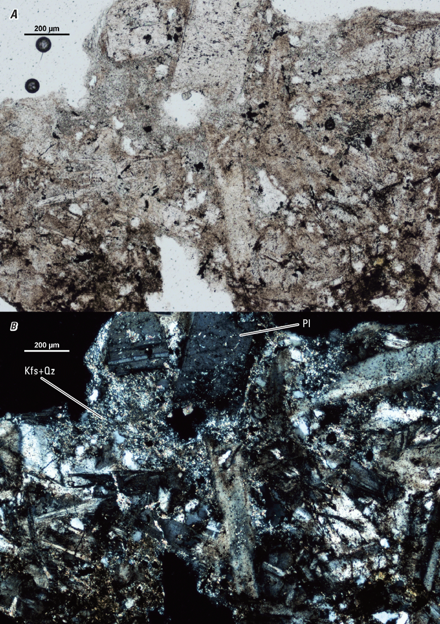 Magnified textures and structures of various minerals are shown in two kinds of light.
Representative minerals are labeled.