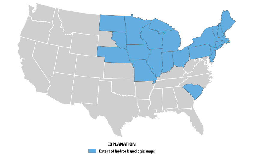 A subset of States, including South Carolina but generally centered in the Great Lakes
                     and New England, are colored in blue to represent bedrock.