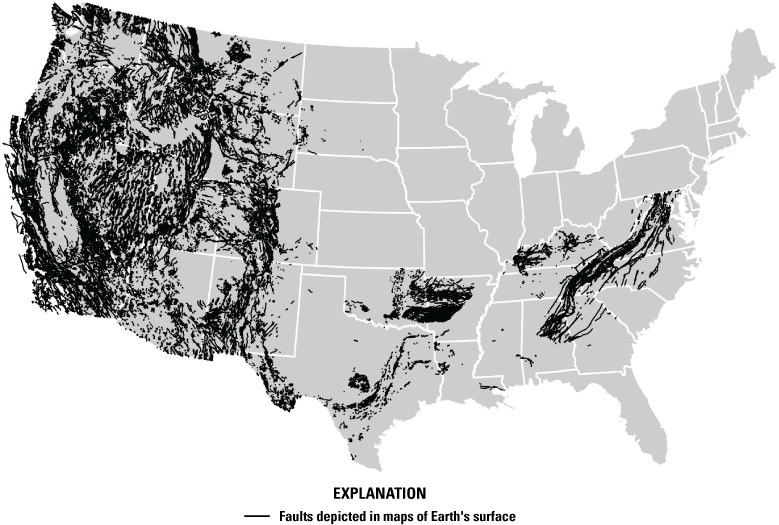 Surface faults are most dense in the Western United States.