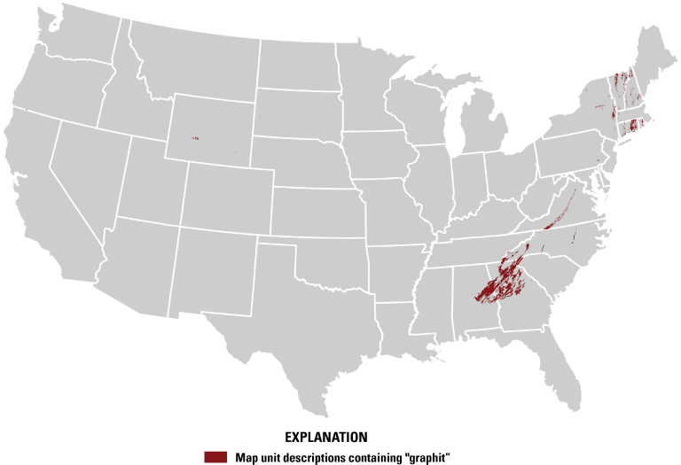 A small number of colored polygons representing graphitic units are primarily located
                     in the Appalachian Mountains in the Eastern United States.