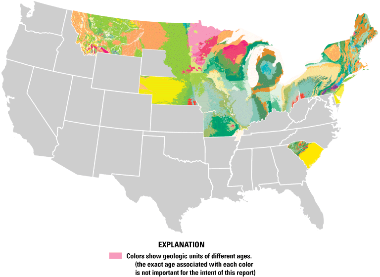 A subset of States, including South Carolina but generally centered on the Great Lakes
                     and New England, are colored in differently according to the geologic age of the units
                     within those States.