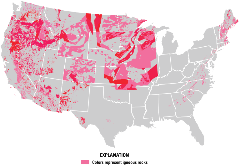 The concentration and coverage of polygons representing igneous rocks is greatest
                     in the Western United States and upper Midwest.