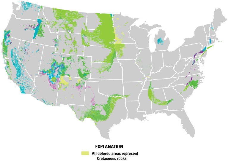 The colored polygons representing Cretaceous rocks are concentrated mostly in the
                     Western United States, with a large subset in Texas and the Great Plains.