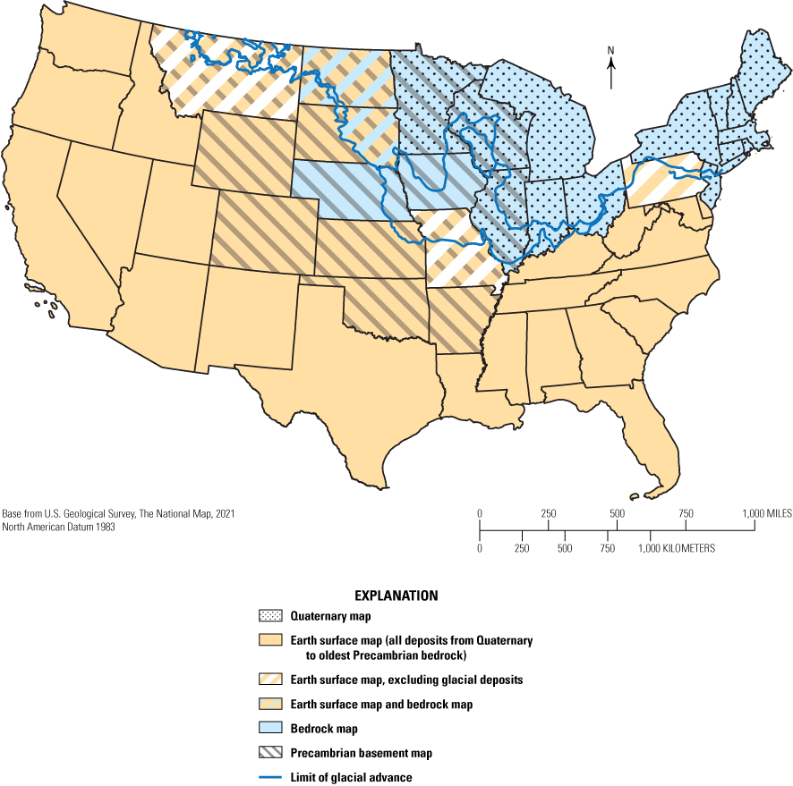 A map of the conterminous United States depicting types of geologic maps in different
                        colors and patterns. A blue line traversing the map, extending down from the center
                        of the northern border around the Great Lakes, and offshore in the northern east coast
                        depicts the limit of Laurentide ice sheets. Different geologic mapping styles are
                        used within and adjacent to this glacial extent.