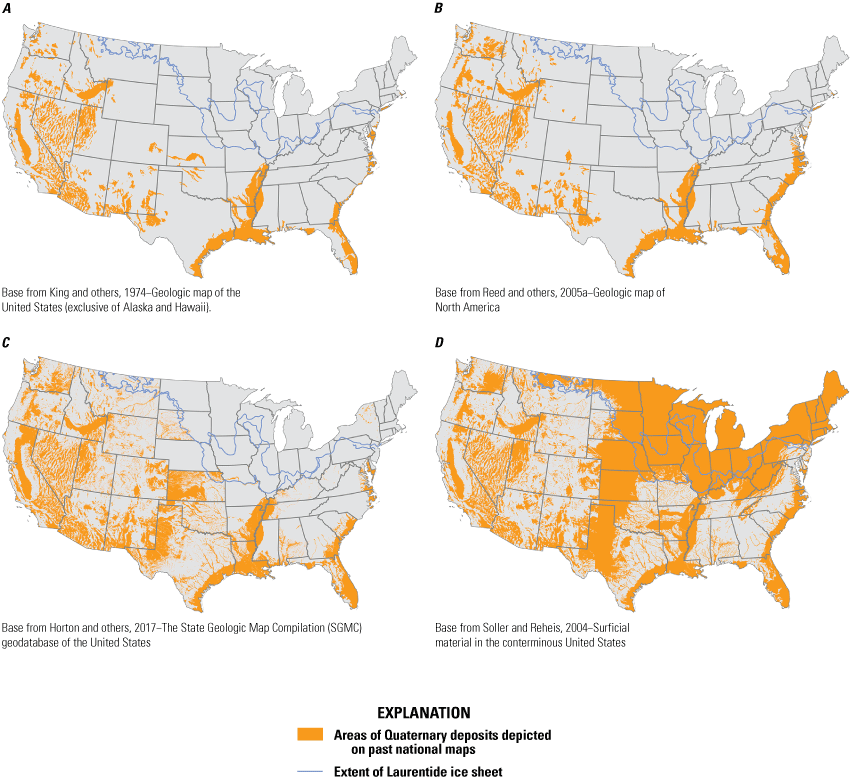 Most of the four national maps show pre-Quaternary geology. In maps A–C, the highest
                        density of Quaternary deposits is in the Western United States. In map D, the highest
                        density is within the extent of the Laurentide ice sheet.