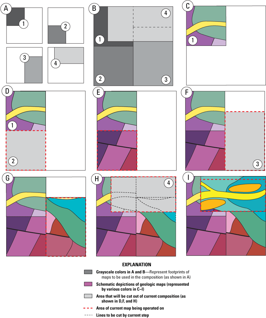 A series of square panels depicting a map being pieced together by successive cropping
                           and pasting of smaller, sometimes overlapping maps.