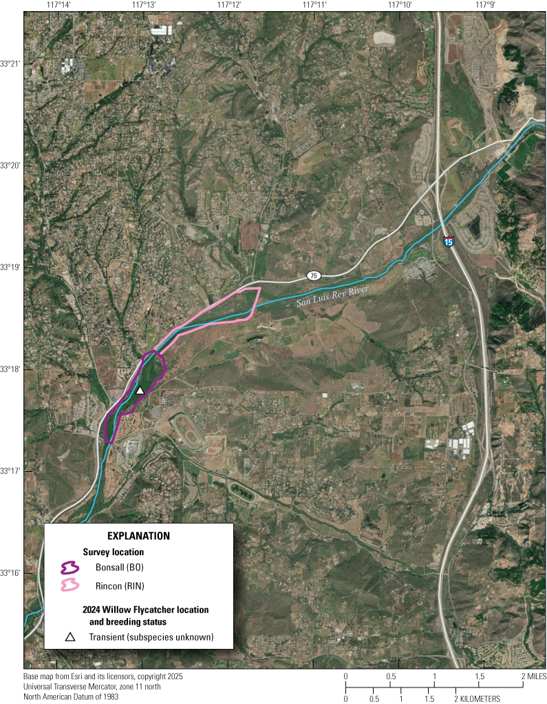 2. Overview of the middle San Luis Rey River study area with colored lines and symbols
for described features.