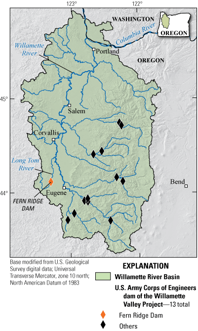 Overview of major streams and U.S. Army Corps Willamette Valley Project dams within
the Willamette River Basin, Oregon.