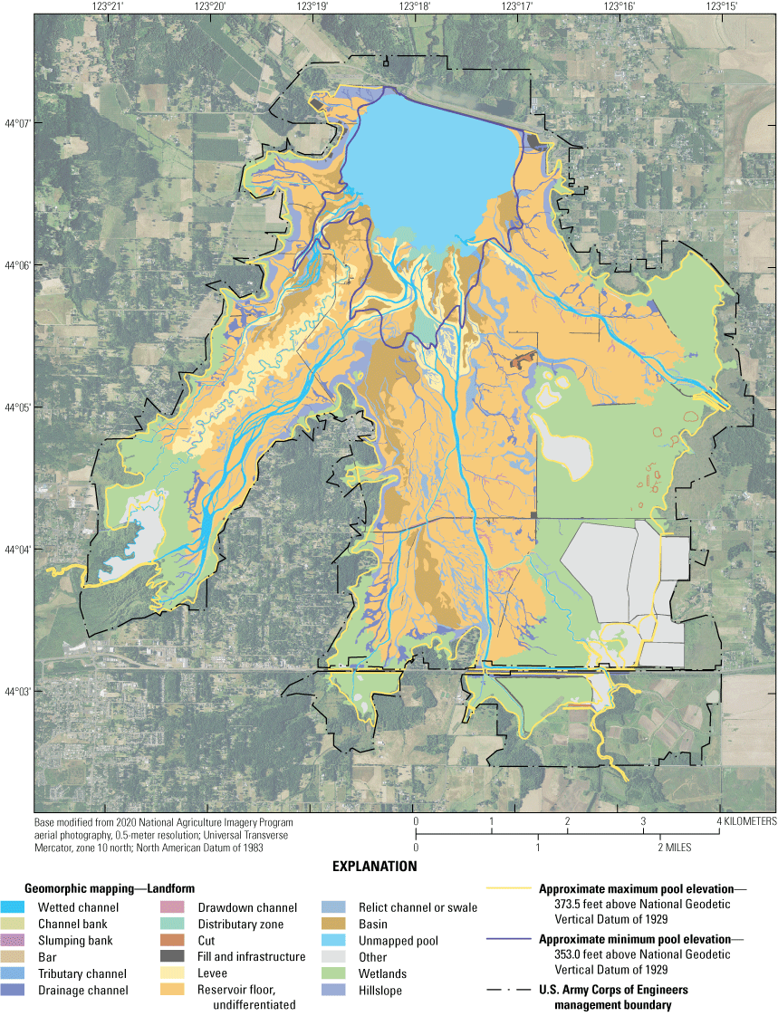 Map showing landforms mapped within Fern Ridge Lake, Oregon. See table 2 for explanation
of landform descriptions.