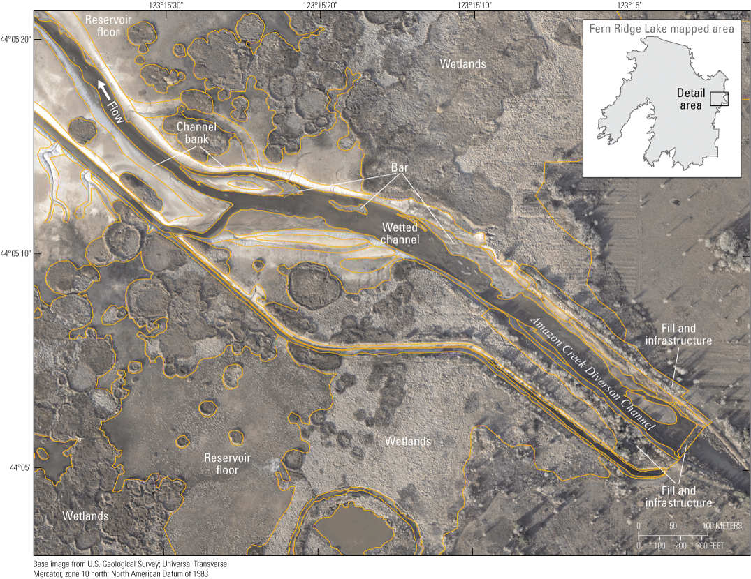 Geomorphic mapping (Bervid and Keith, 2025) over high-resolution orthophotographs
(Schwid and others, 2024) of Fern Ridge Lake, Oregon, showing multiple mapped landforms
near the Amazon Creek Diversion Channel: bars, channel bank, wetted channel, fill
and infrastructure, reservoir floor, and wetlands.